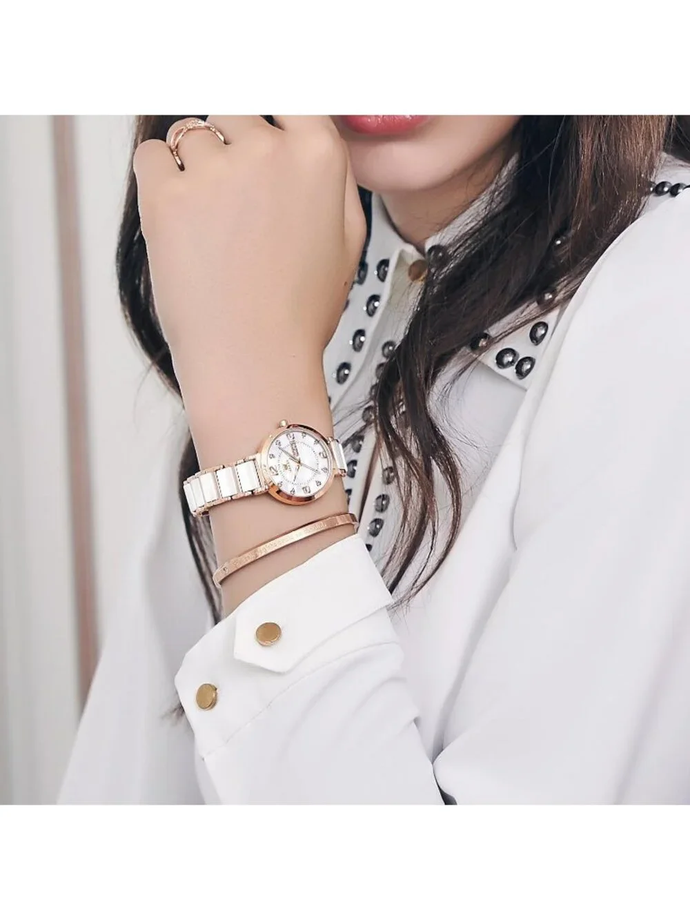 Women's Silver Rose Gold Ceramic Two Tone Ladies Casual Wristwatch Day Date Gift